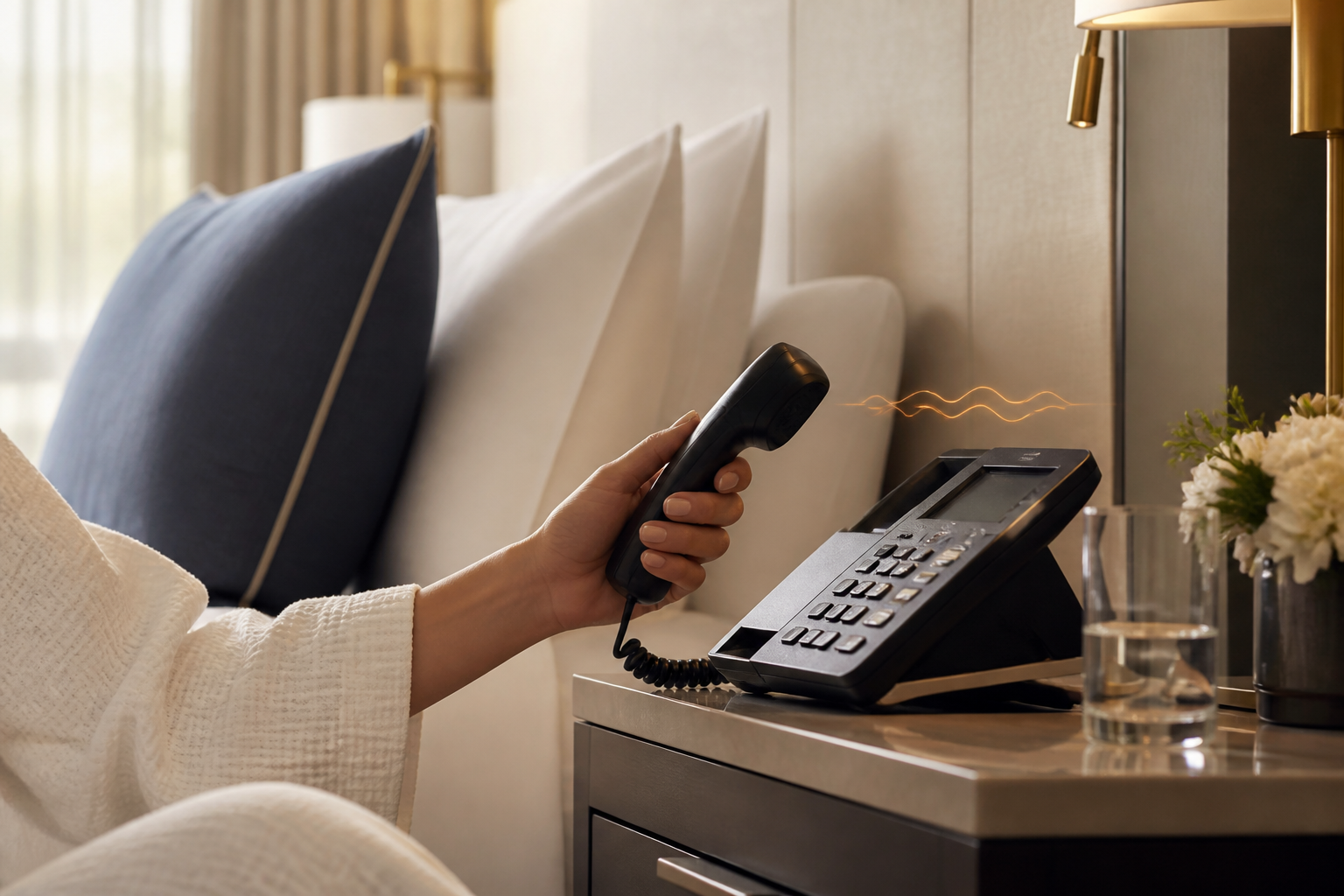 Guest using a hotel room telephone for service