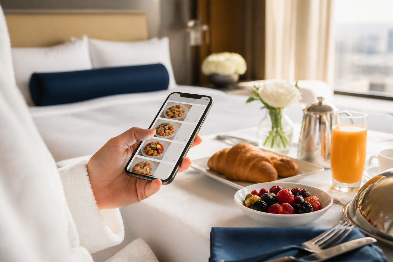 Guest ordering room service from a hotel room