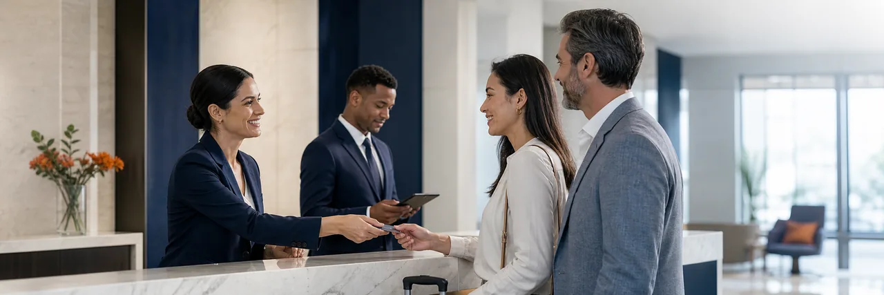 A hotel front-desk manager gives personal service to arriving guests while another team member coordinates a request.